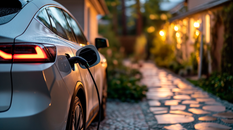 Elektroauto lädt vor warm erleuchtetem Haus